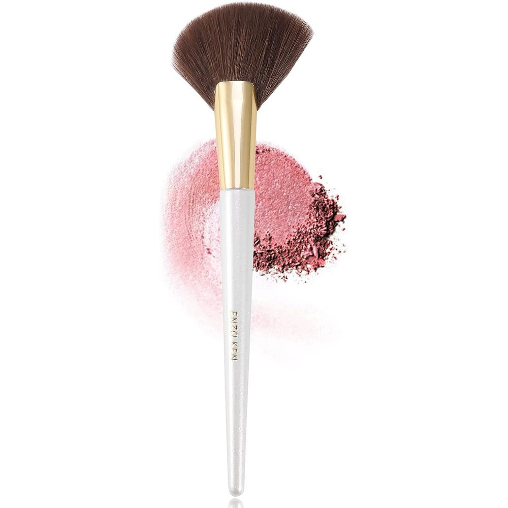 ENZO KEN angled fan makeup brush front view featuring white wood handle and fluffy dense bristles
