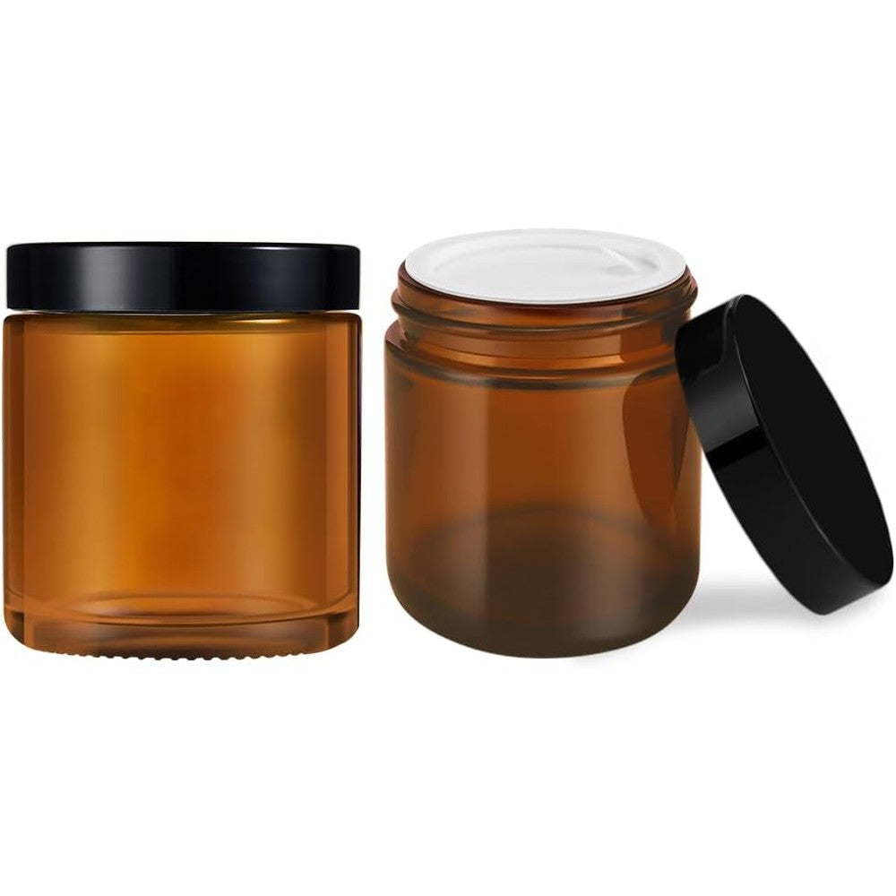Tecohouse 4 Ounce amber glass jars front view with black lids