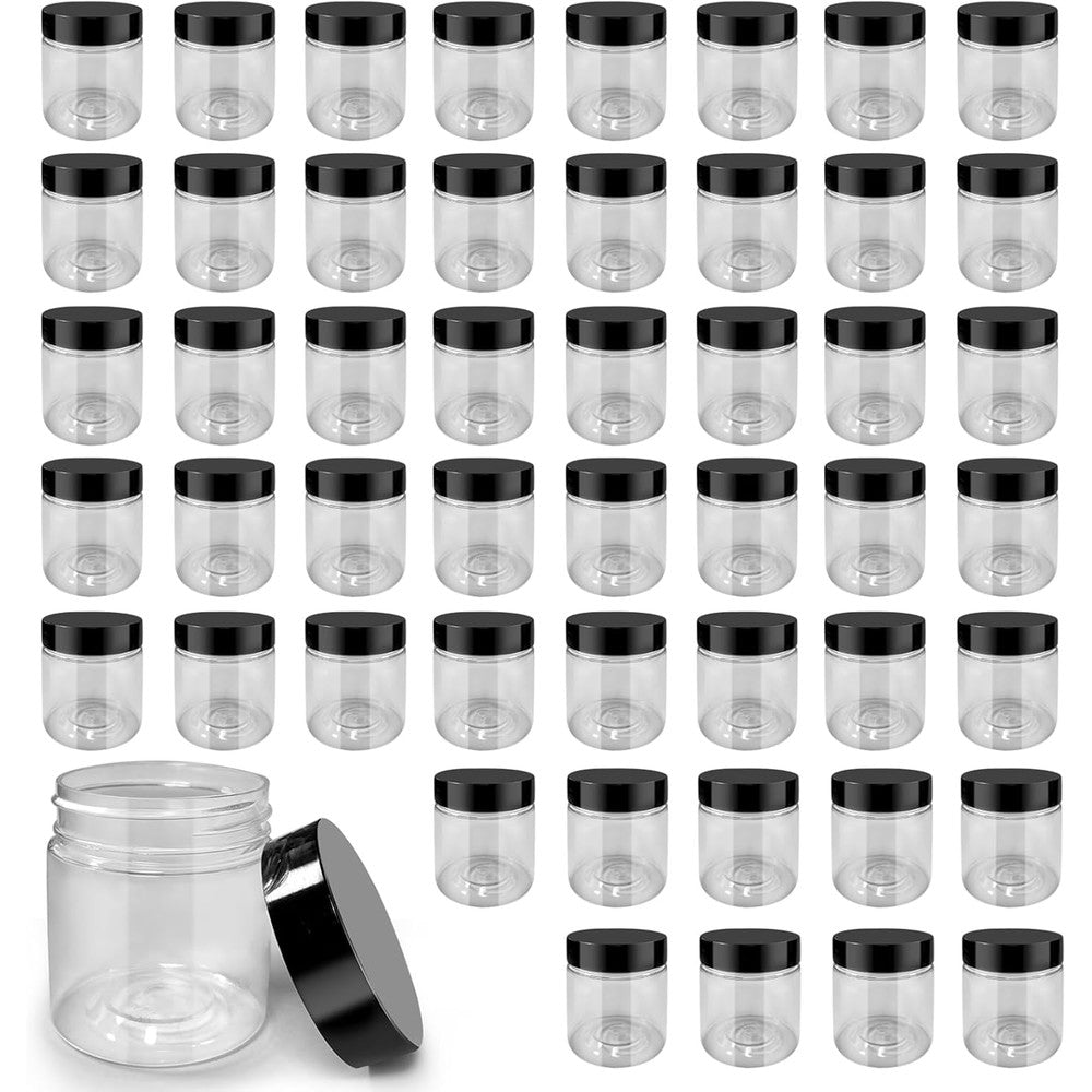 Pyyzhali 4 Ounce Clear Plastic Jars front view showing the 50 pack set