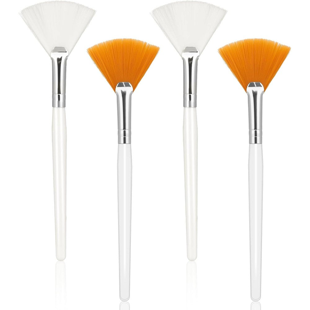 Abeillo esthetician facial fan brushes 4 count front view showing two white and two orange applicators.