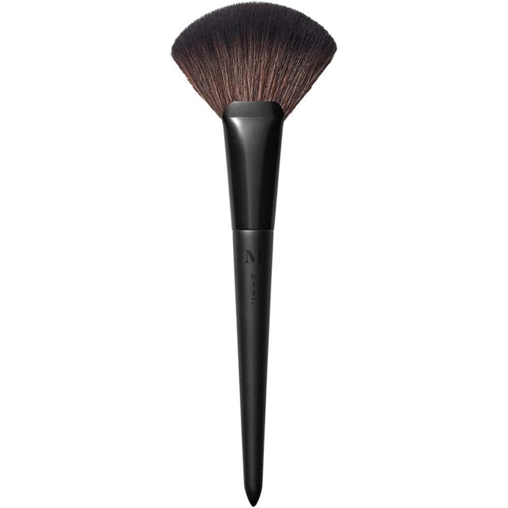Morphe V112 Fluffy Fan Highlighter Powder Brush front view showcasing the extra wide synthetic bristle head