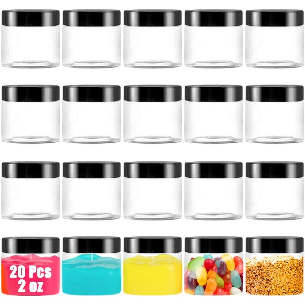 Ojyudd 20 Pack 2 Fluid Ounce Clear Plastic Jars front view