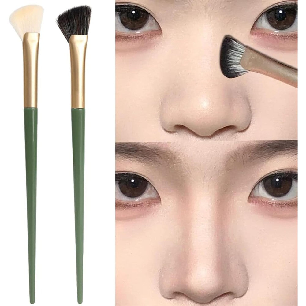 TEONEI half fan shape nose shadow brush front view showing green handle and soft synthetic angled bristles.