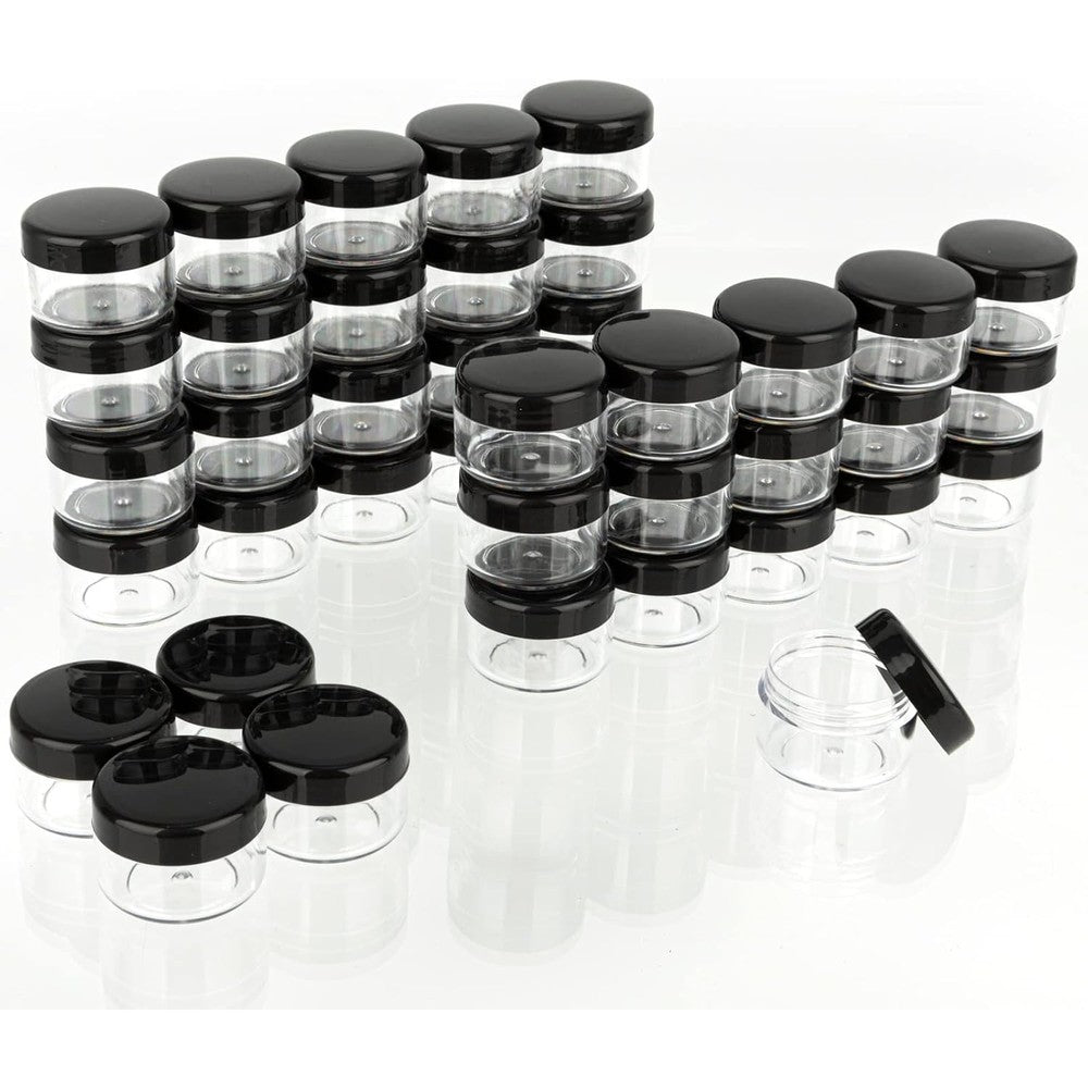 Zejia 5 gram cosmetic containers 50 piece set black lids front view