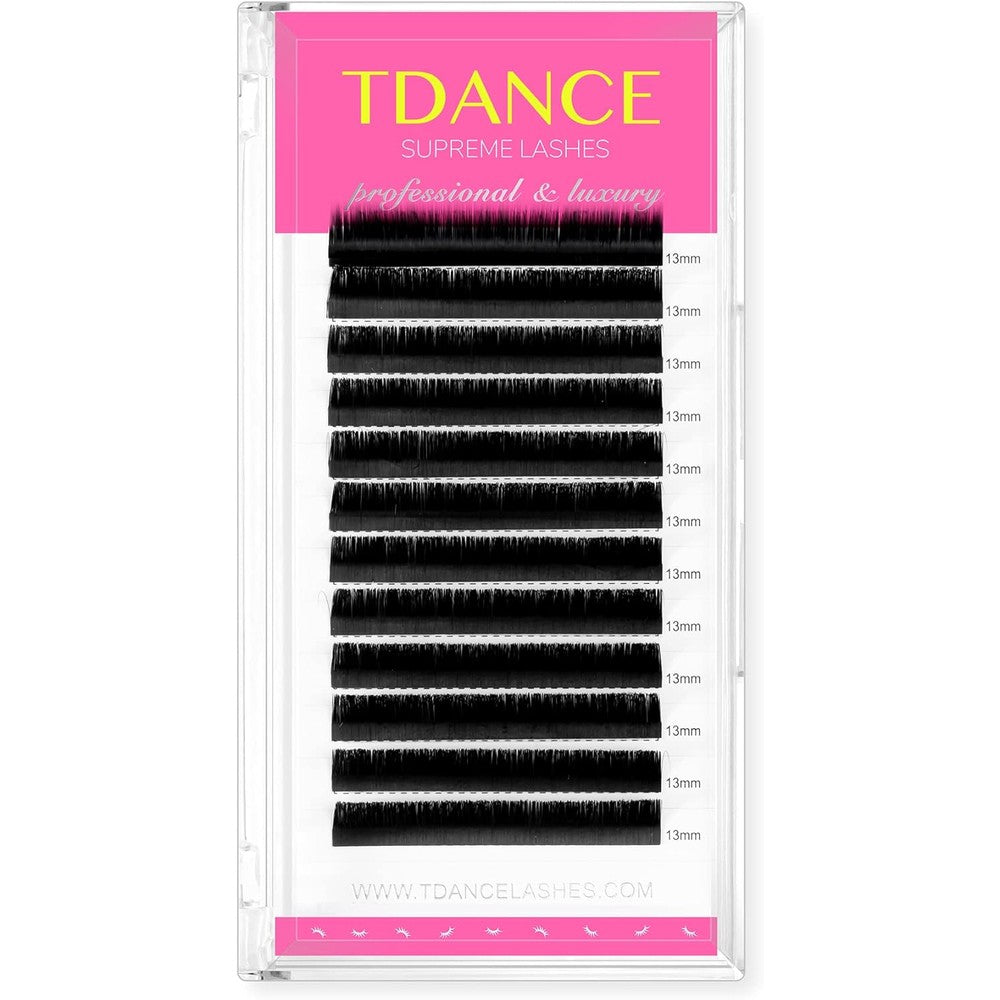 TDance Matte Black Professional Volume Eyelash Extensions tray front view showing organized lash strips