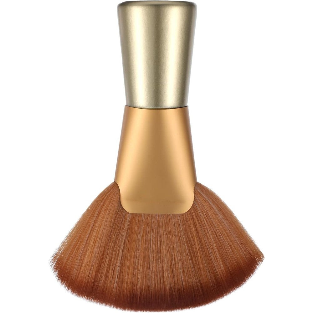 Josojoou Professional Large Fan Body Makeup Brush front view showing dense brown synthetic bristles and metallic gold handle.