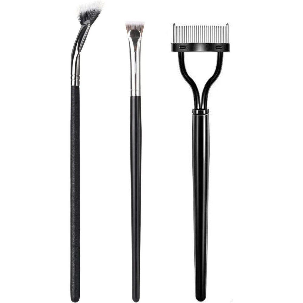 UOUYOO INENK three piece eye makeup brush set including mascara fan brush and steel needle eyelash separator front view