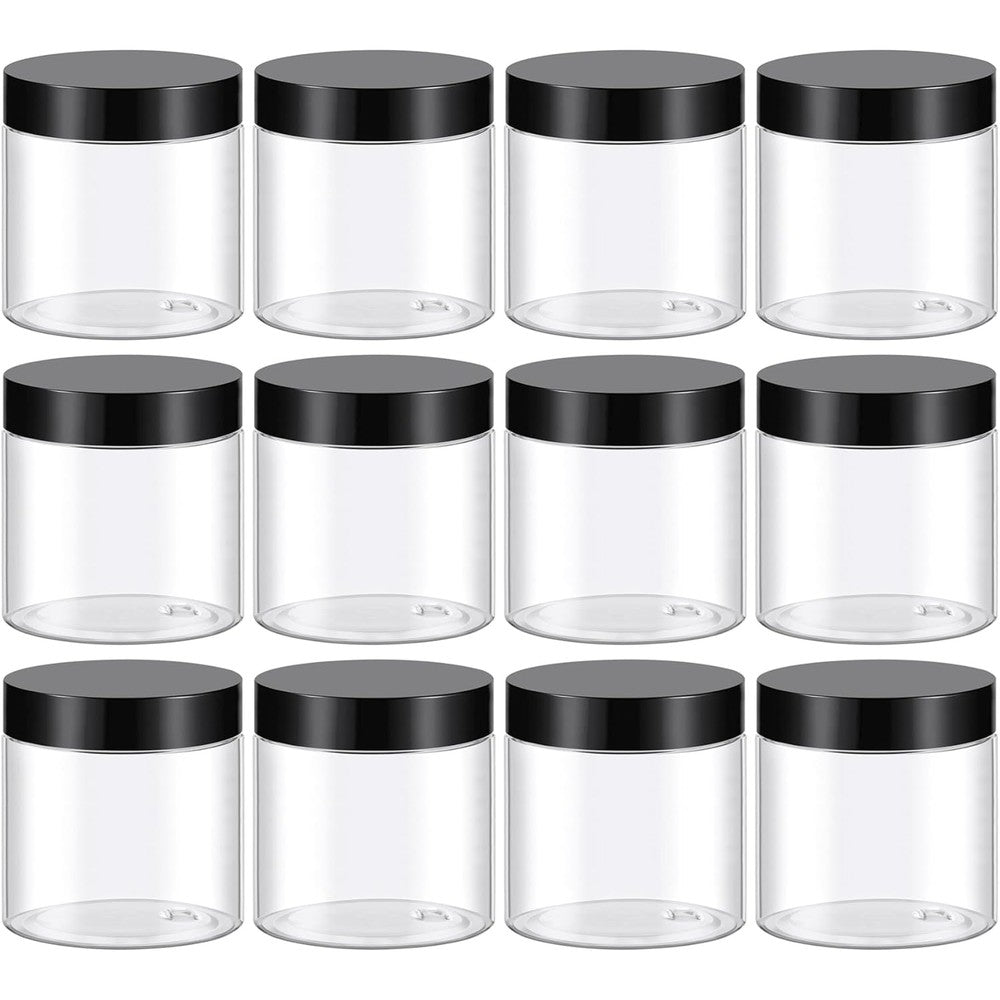 Tuzazo 4 fluid ounce plastic cosmetic jars with black lids
