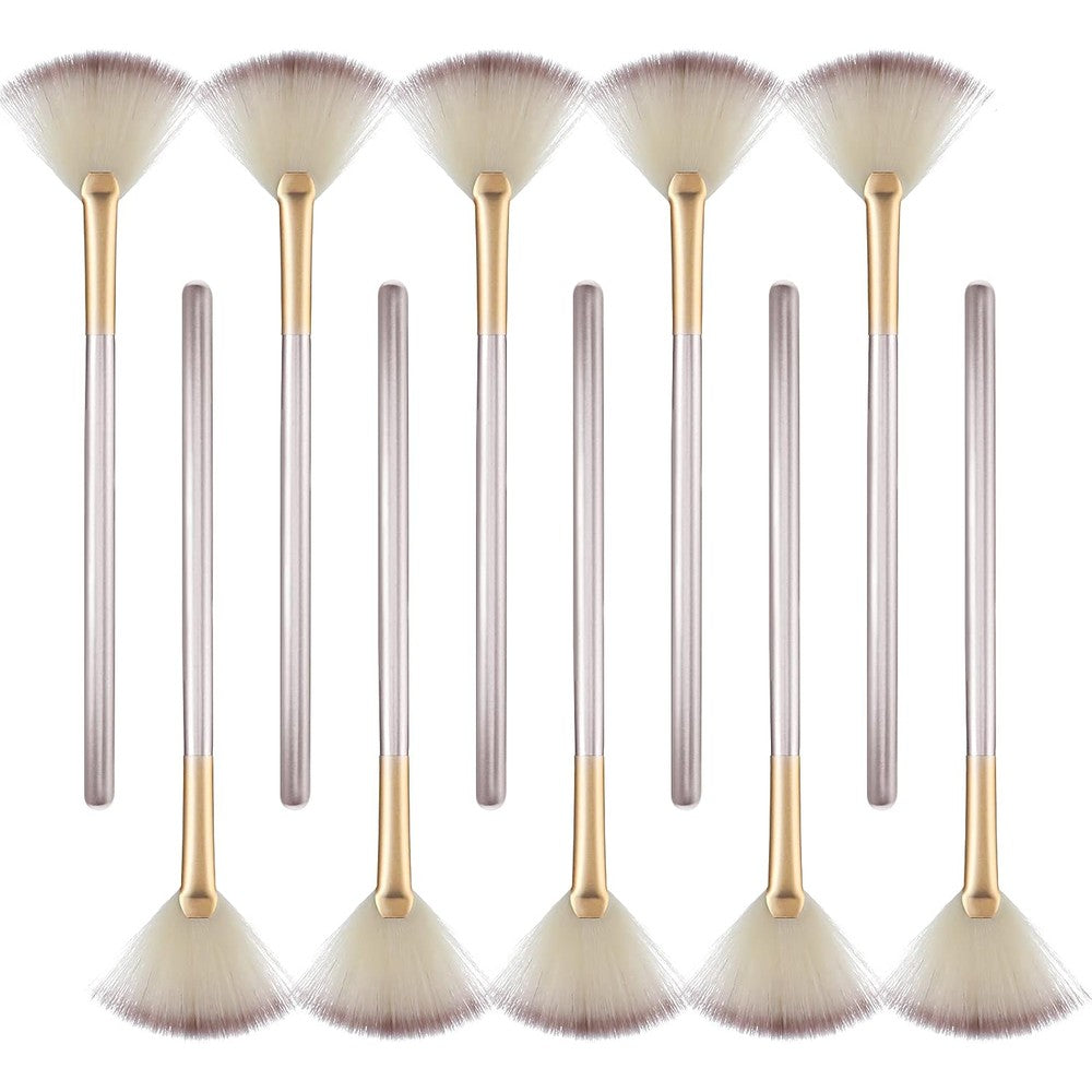 Prasacco fan brushes for facials ten piece set front view showing champagne handles