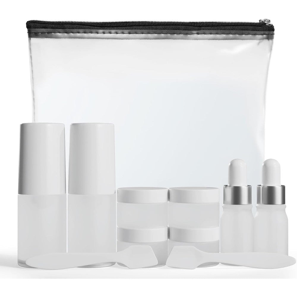 Wondercraft eleven piece travel skincare containers set front view showing clear toiletry bag filled with frosted bottles