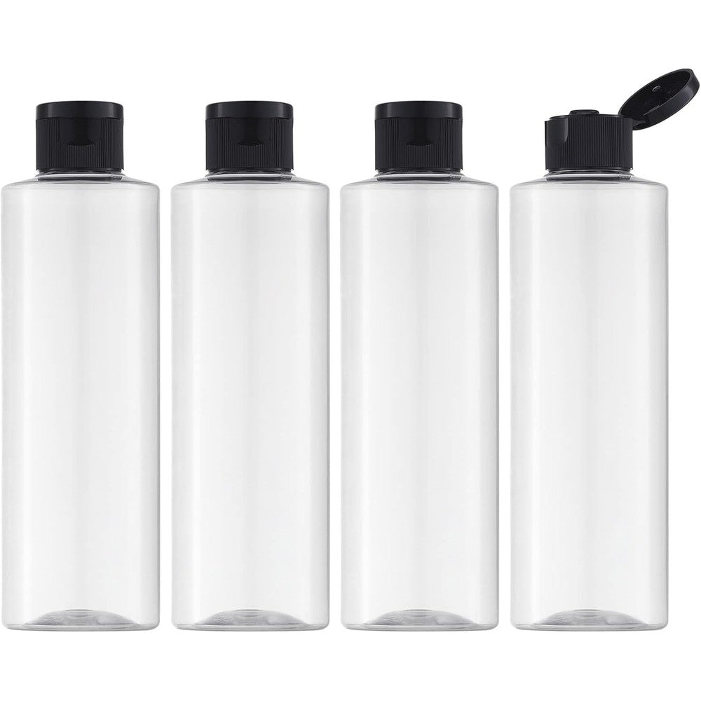 Lisapack travel bottles with flip cap front view showing four clear plastic containers side by side