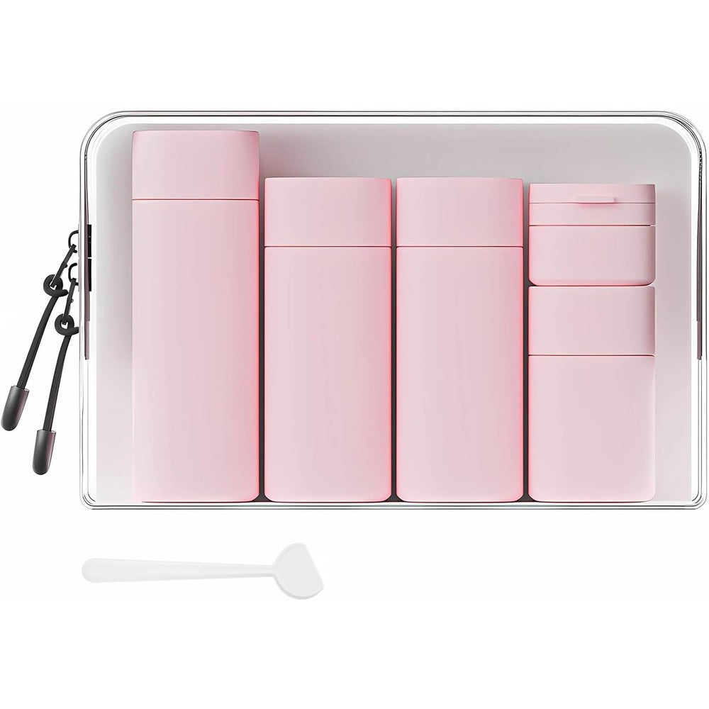 Suteng leak proof silicone travel bottles five piece set in pink front view