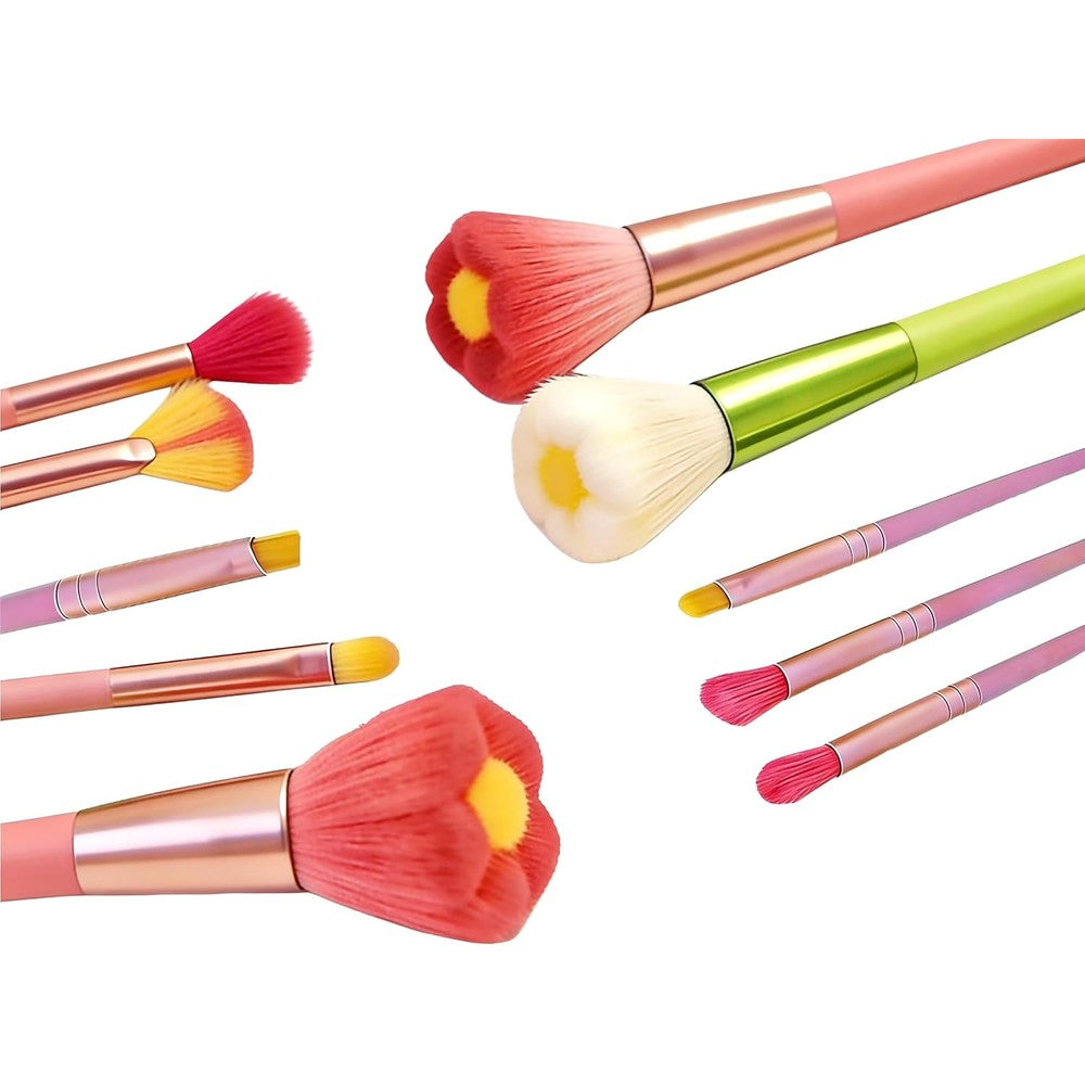 RAEEIKPHZ beautiful makeup brush set for girls front view showcasing ten red daisy flower shaped cosmetic brushes