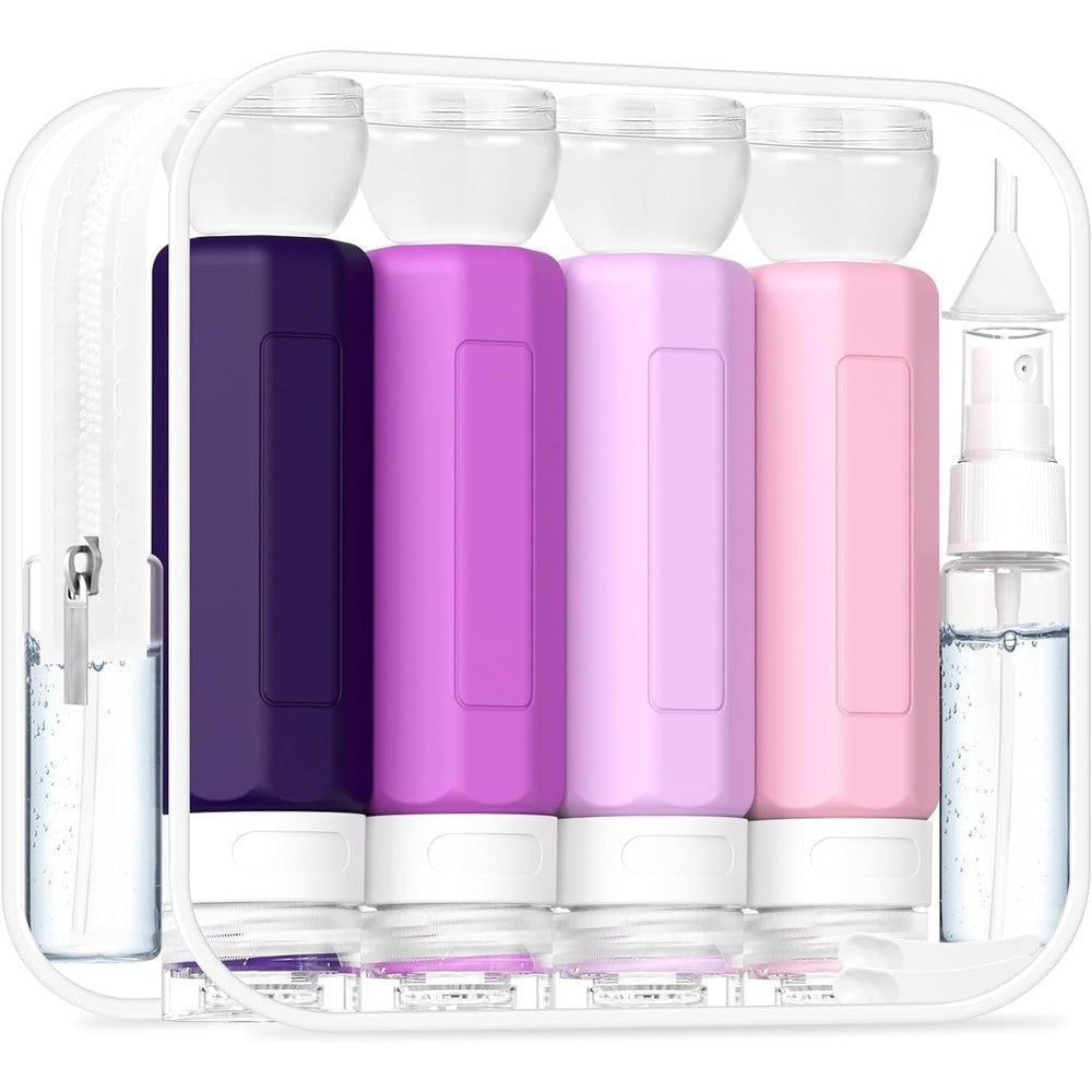 Redfly 17 piece travel bottles kit front view featuring purple silicone containers and clear pouch