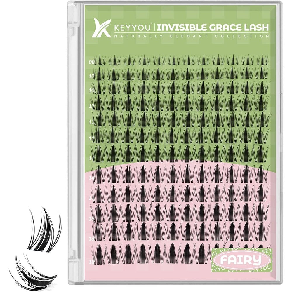 KEYYOU Fairy Lash Clusters front view showing 144 pieces of D-curl manga style eyelash extensions in mixed lengths.