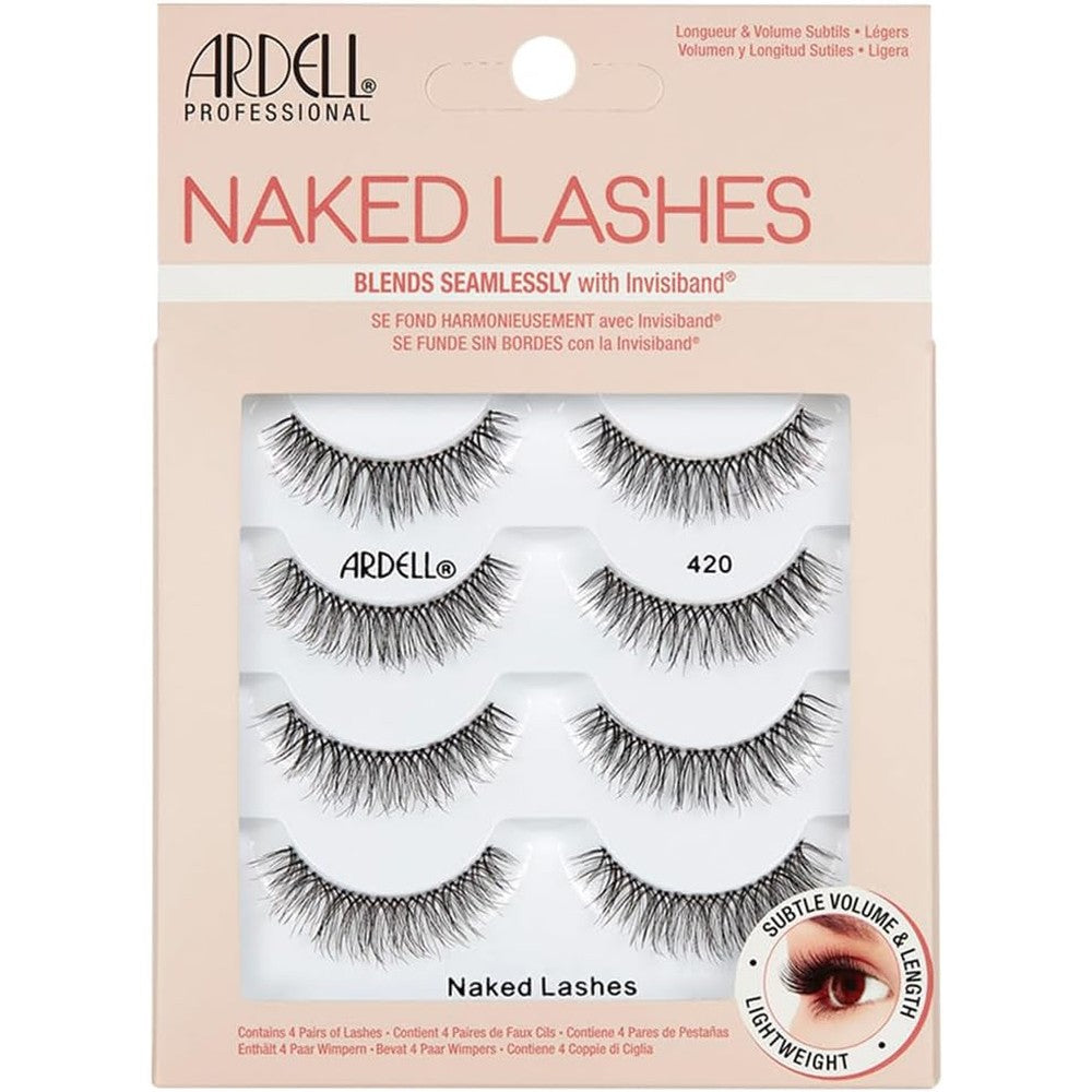 Ardell Naked Lashes Style 420 four pair multipack front view showing natural synthetic false eyelashes.
