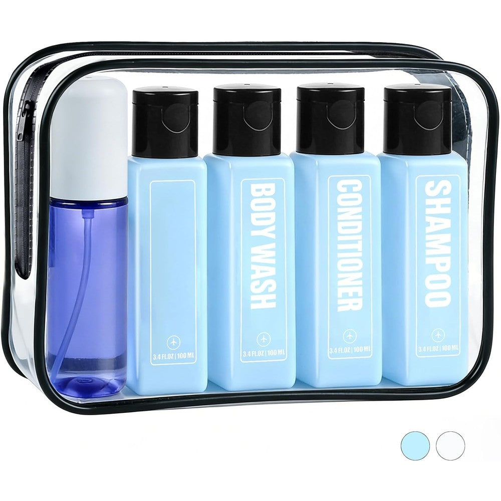 GearTrust travel shampoo bottles five pack front view showcasing labeled containers inside clear pouch.