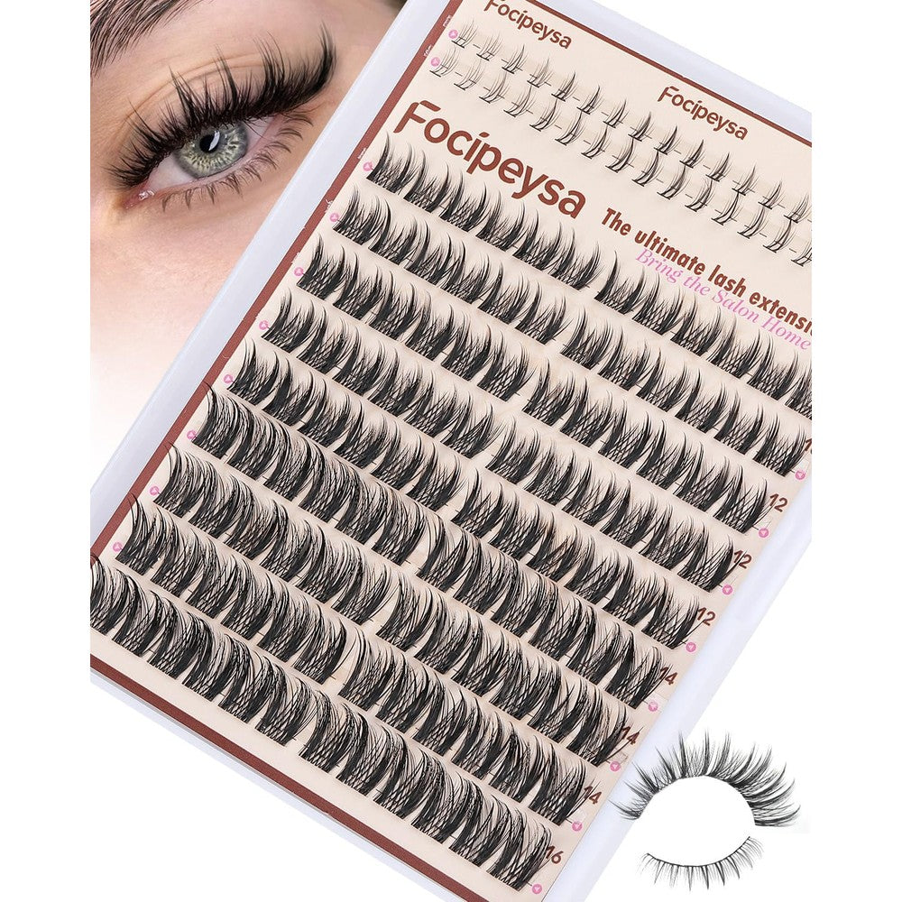 Focipeysa Wispy Lash Clusters Natural Eyelash Extensions C Curl Individual Lashes 10-16 Millimeters With Bottom Lashes DIY Kit - Image 1