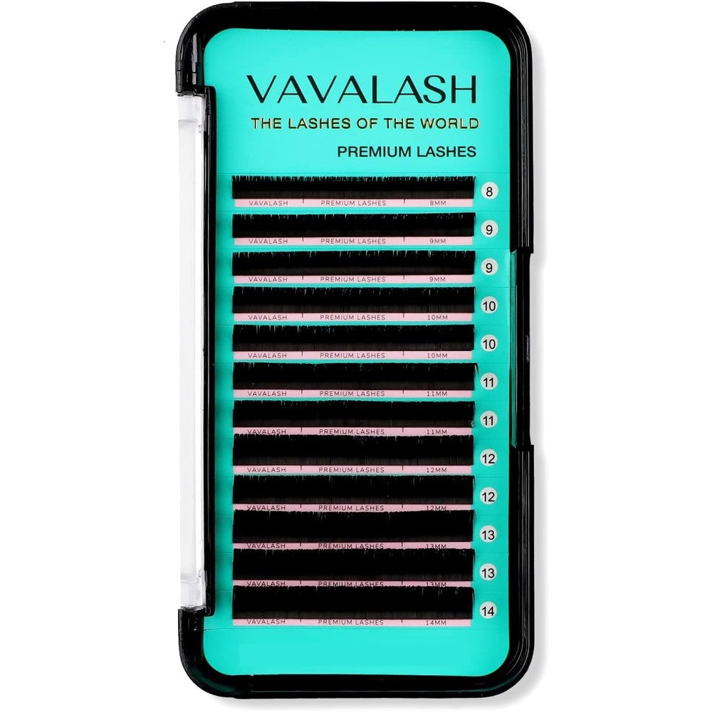 VAVALASH premium silk eyelash extensions mixed tray front view displaying arranged rows from eight to fourteen millimeters
