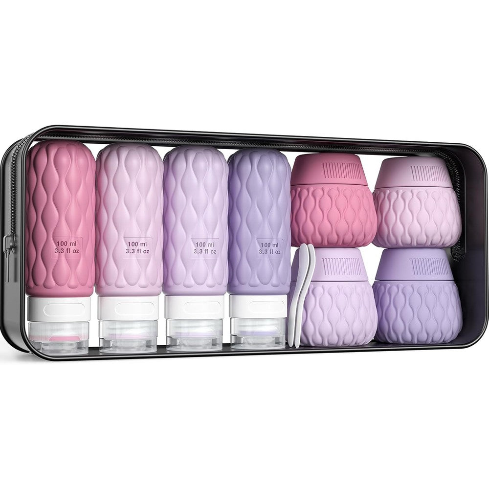 Lericttor silicone travel bottles eight pack front view with clear toiletry bag