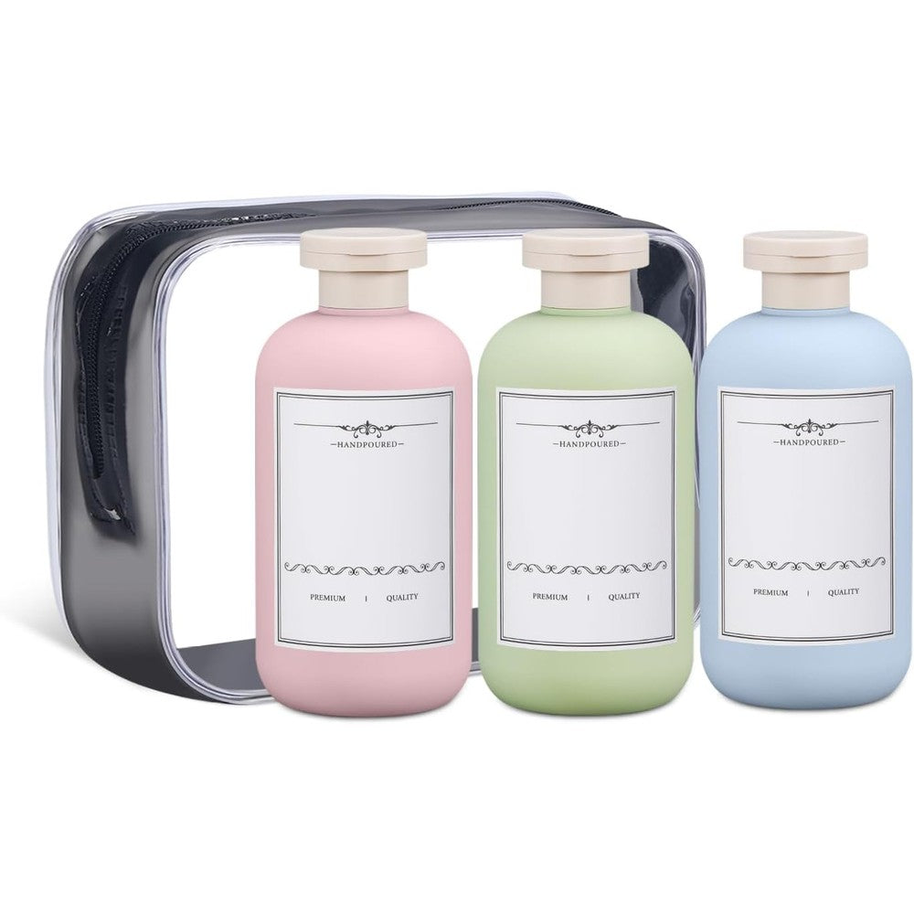 ASEVAT plastic travel bottles three pack front view with clear zipper bag and waterproof labels