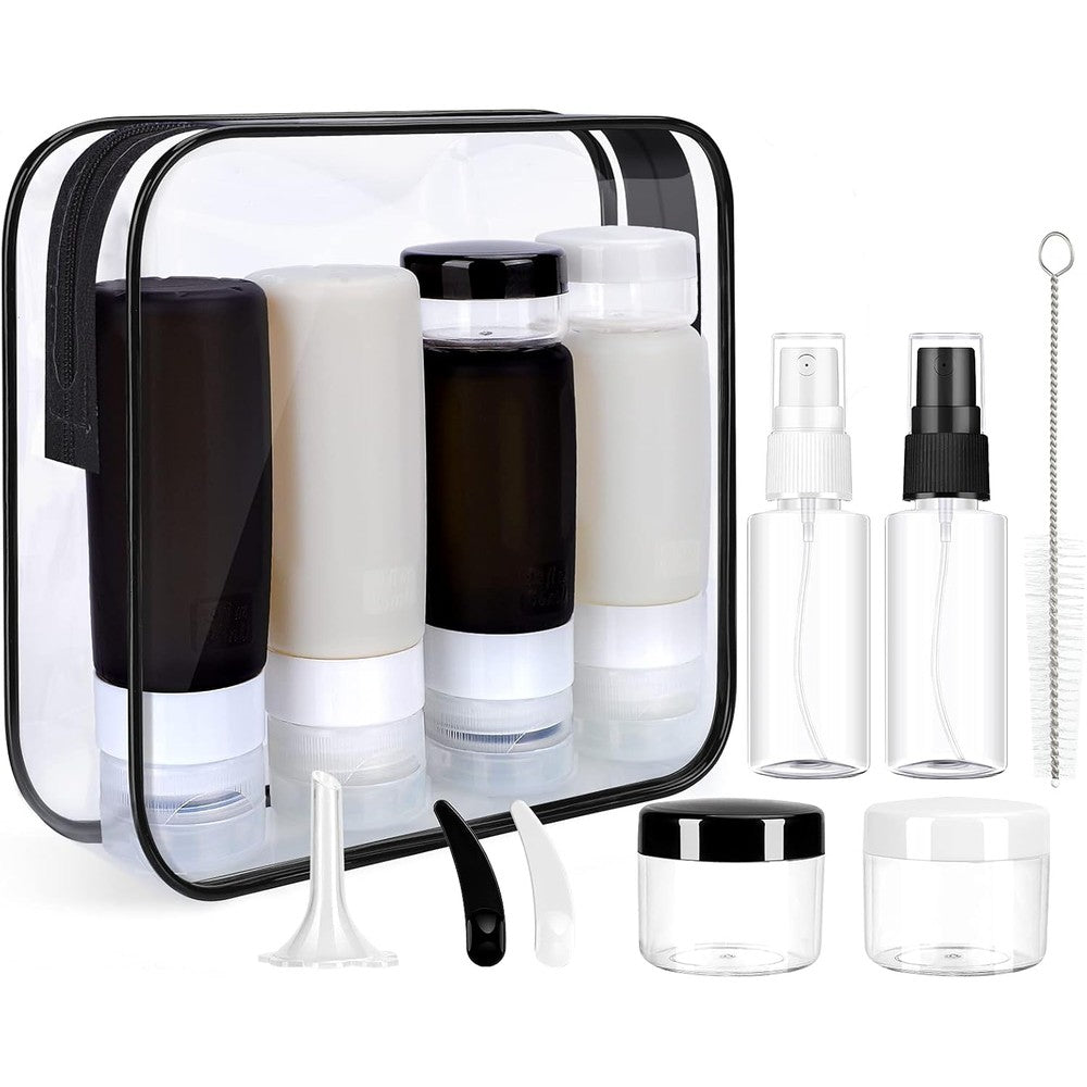 Morfone sixteen pack silicone travel bottles set front view showcasing clear zippered bag with colorful squeezable containers