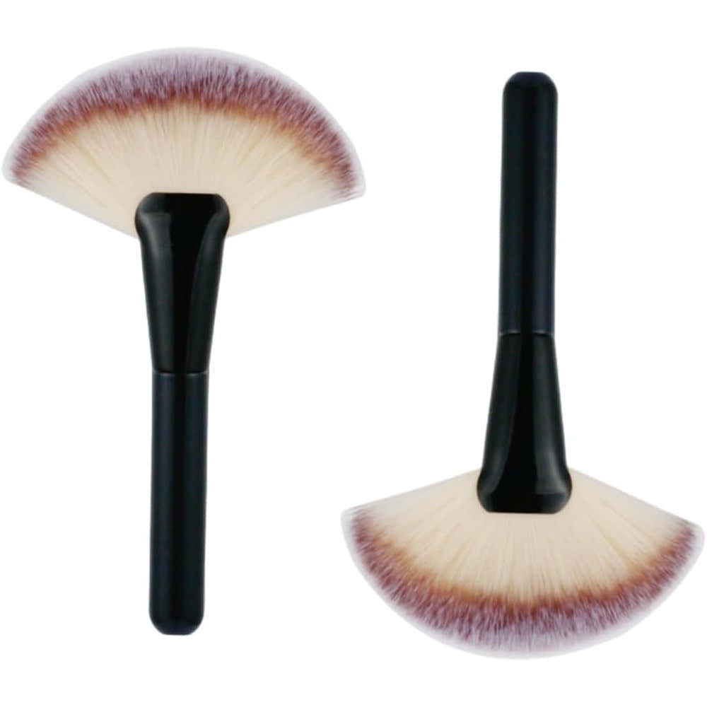 Pluzmecalm two piece fan makeup brush set front view showing black handles and synthetic bristles