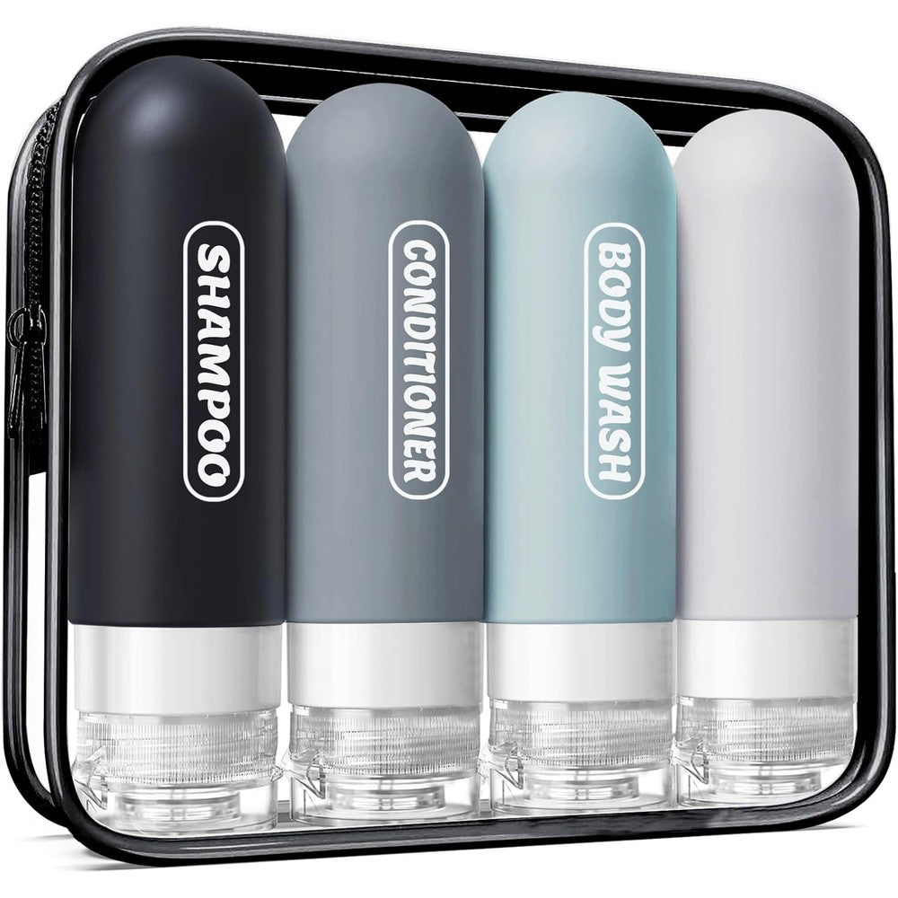 YNSHOUNA silicone travel bottles front view of four-pack kit in dark colors inside transparent toiletry bag