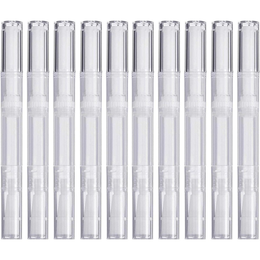 Rvetol 10 Pack Transparent Twist Pens front view showcasing clear 3ml empty cosmetic tubes with white brush tips.