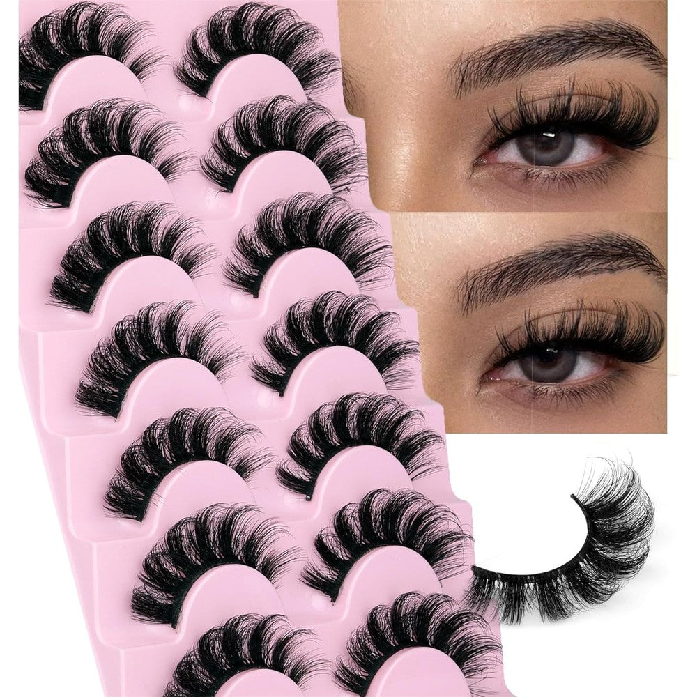 EYDEVRO 3D Mink False Eyelashes front view of 7 pairs on a pink display tray