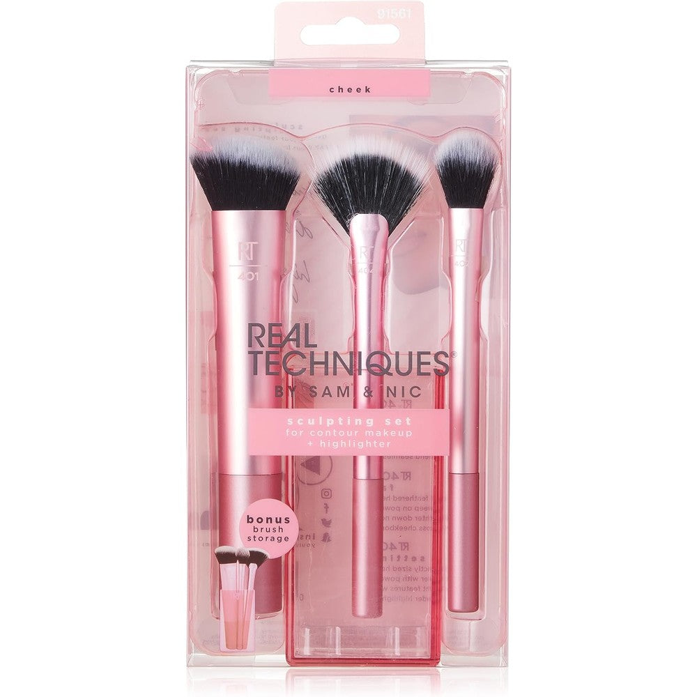 Real Techniques Cruelty Free Sculpting Set front view of the pink 4 piece packaging highlighting authentic imported contouring tools