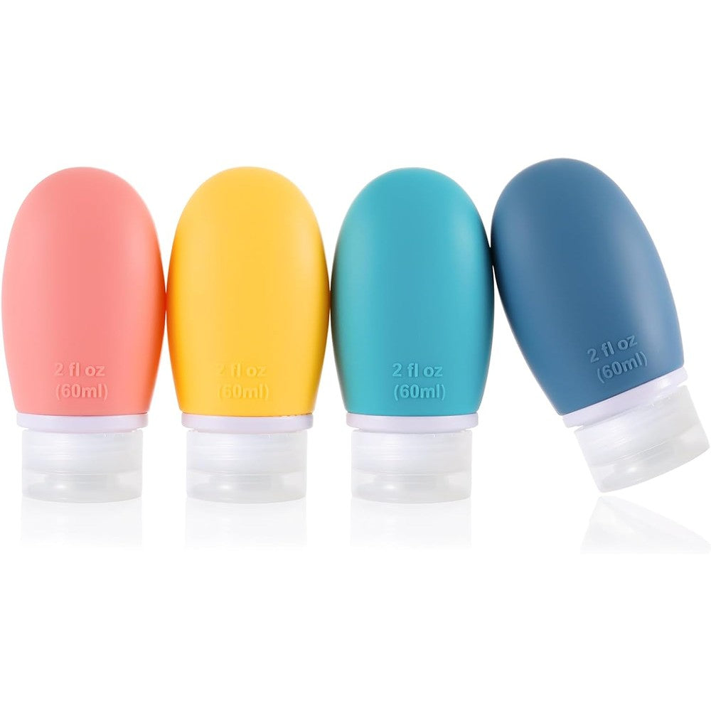 LIYUABU leak proof silicone travel bottles four pack front view showing different colored containers.