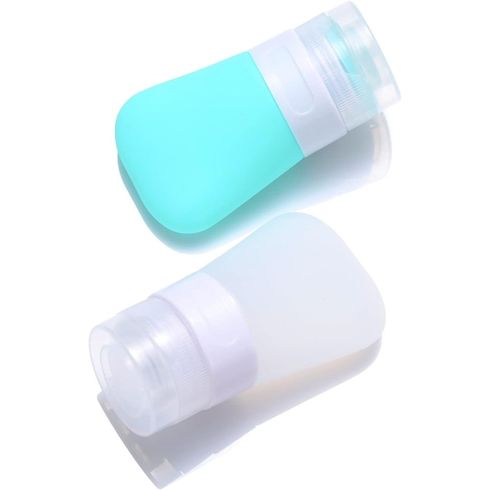 LUFEVRM silicone travel bottles front view showing green and white containers inside the transparent carry bag.