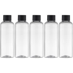 Tekson plastic travel bottles front view of five pack clear containers with black screw caps