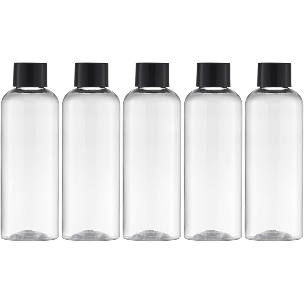 Tekson plastic travel bottles front view of five pack clear containers with black screw caps