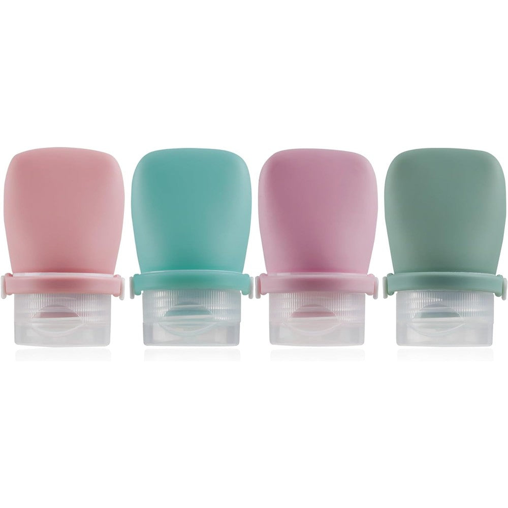 BienBion silicone travel bottles 4 pack front view showing green and pink colors