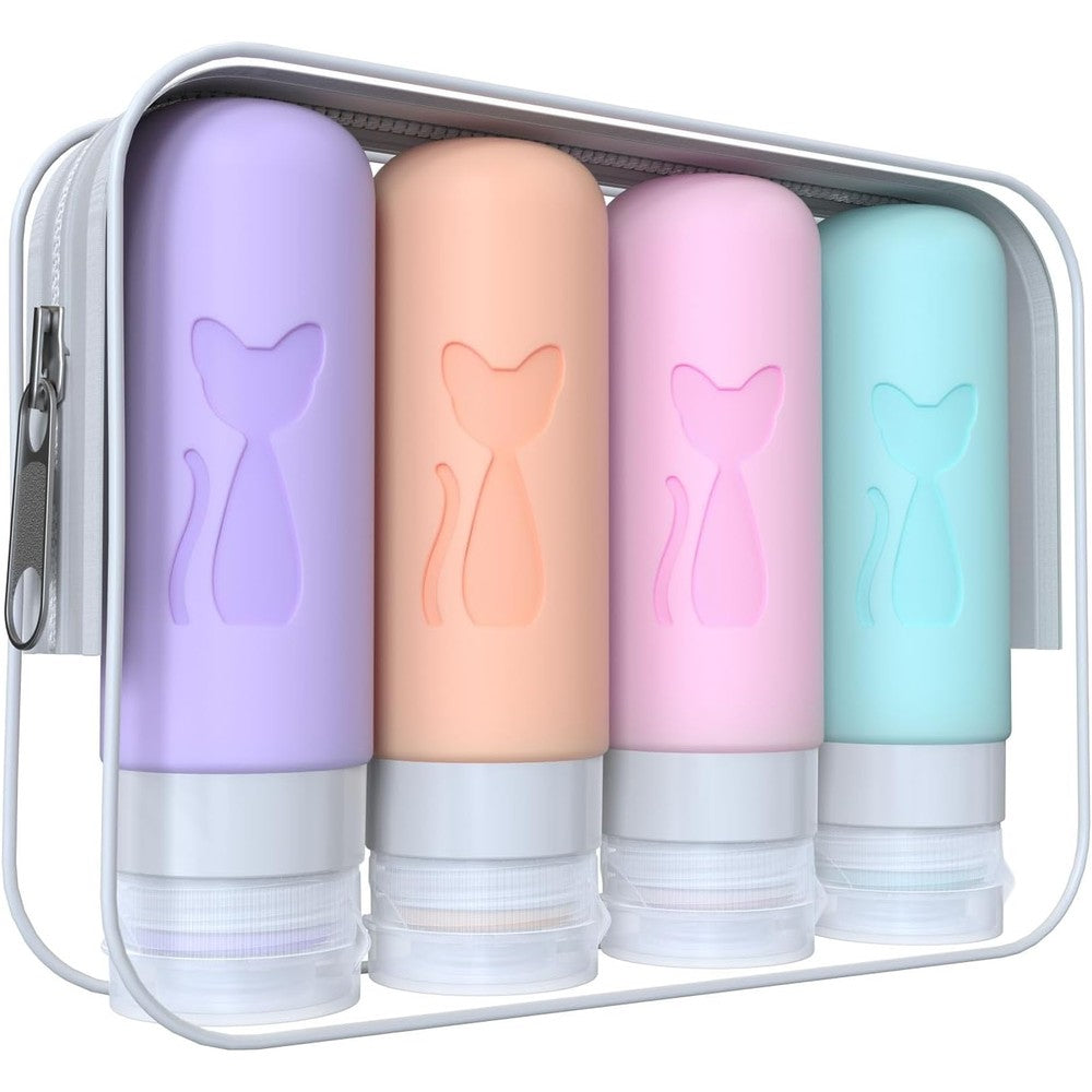 Zafit TSA Approved Leakproof Travel Bottles front view of multicolored four pack set with clear packaging
