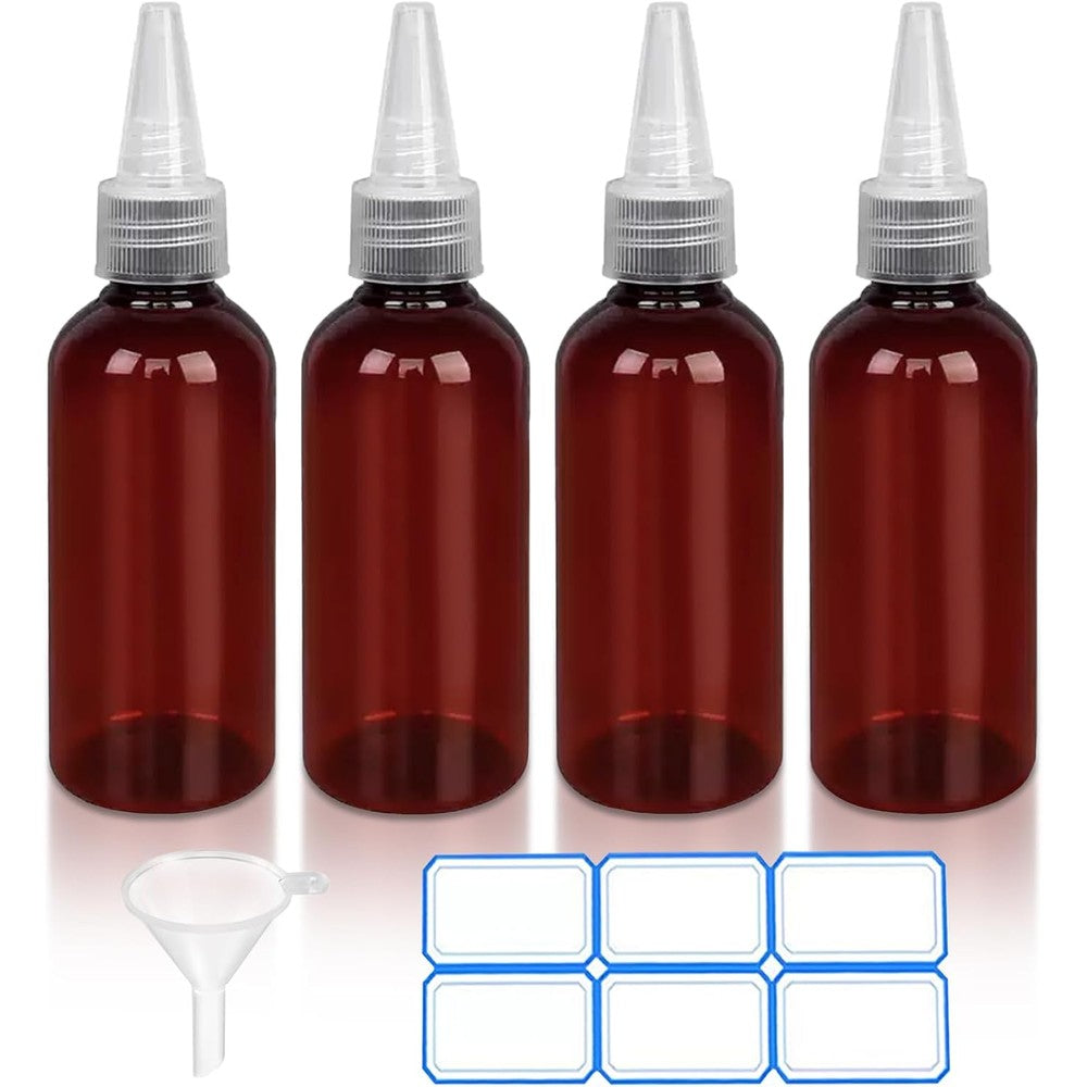 DTDNZKN amber plastic essential oil bottles front view showcasing the four pack setup with twist top applicator caps