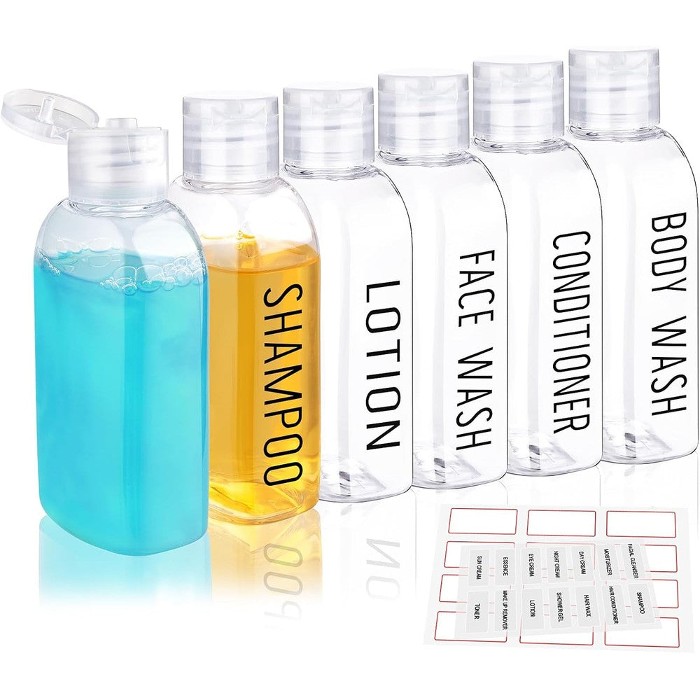 Kitchen GIMS travel bottles for toiletries front view showing six clear plastic containers.