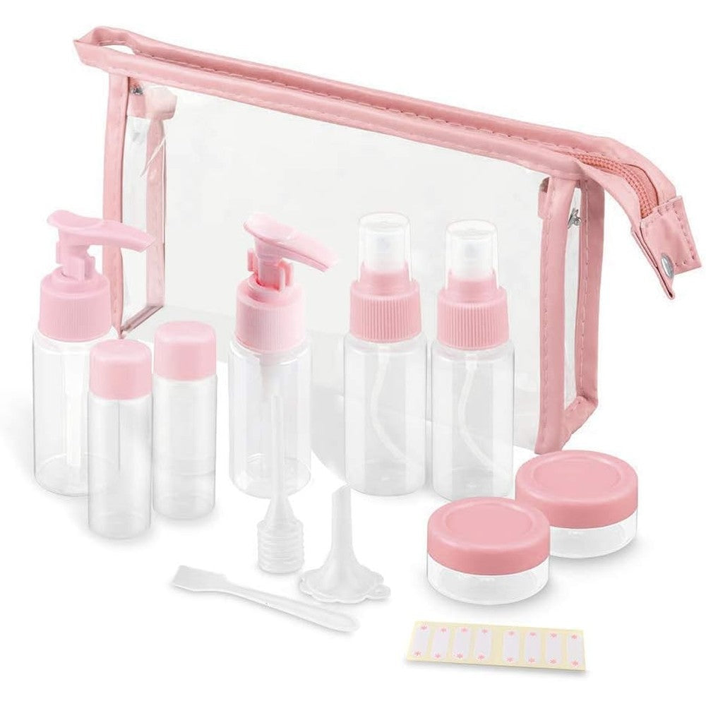 Vitog travel bottles kit front view of 11 piece clear container set inside transparent bag