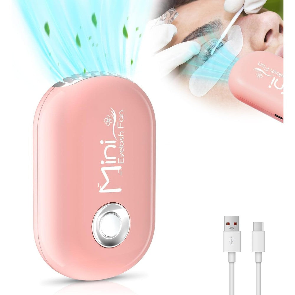 Buqikma mini lash fan showing front view of the pink handheld device for eyelash extensions.