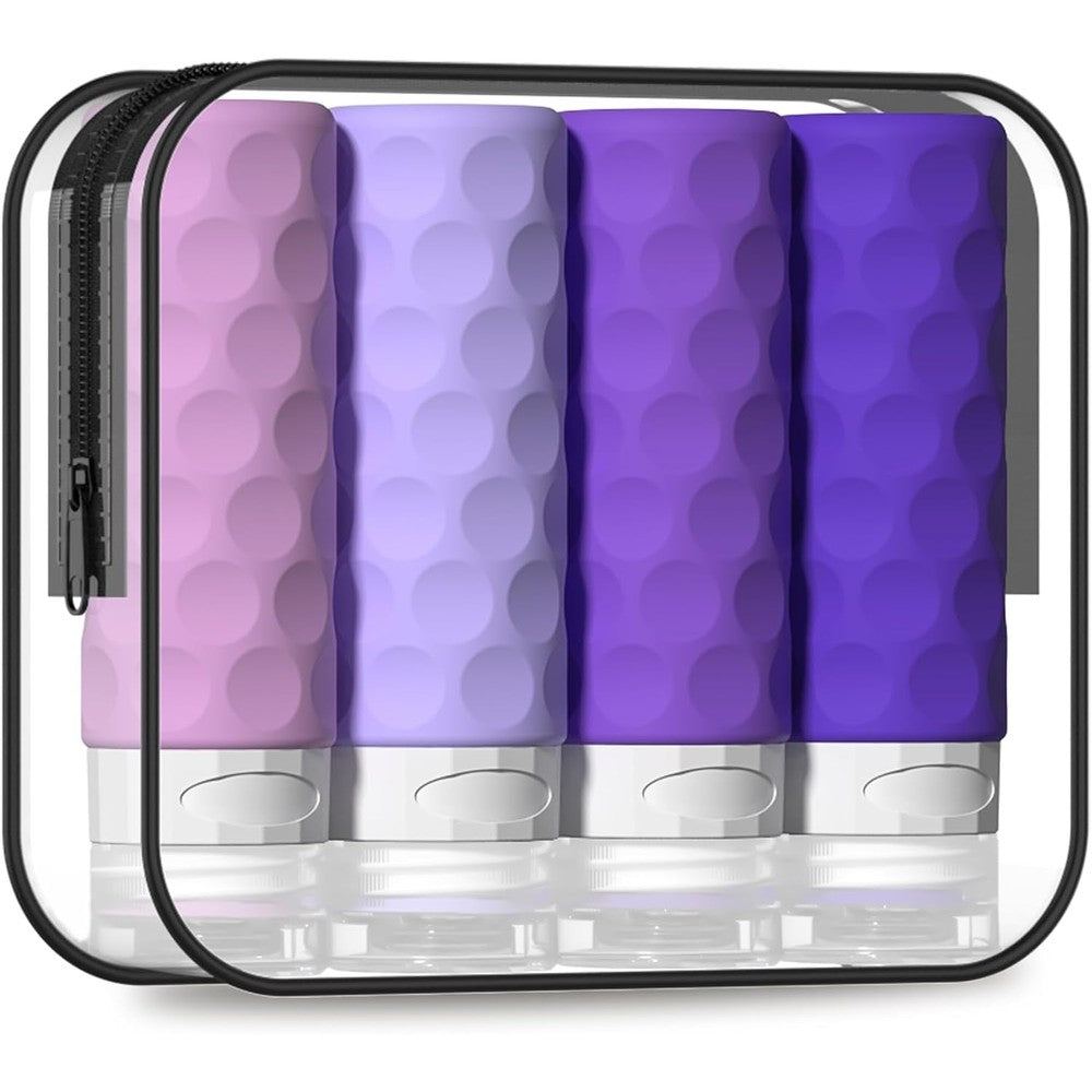 Silevoler silicone travel bottles front view showing four purple containers inside a clear bag.