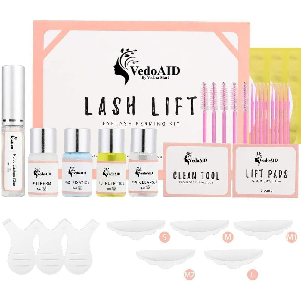 VedoAID Eyelash Lift Kit front view showcasing the complete professional perming solutions and packaging.