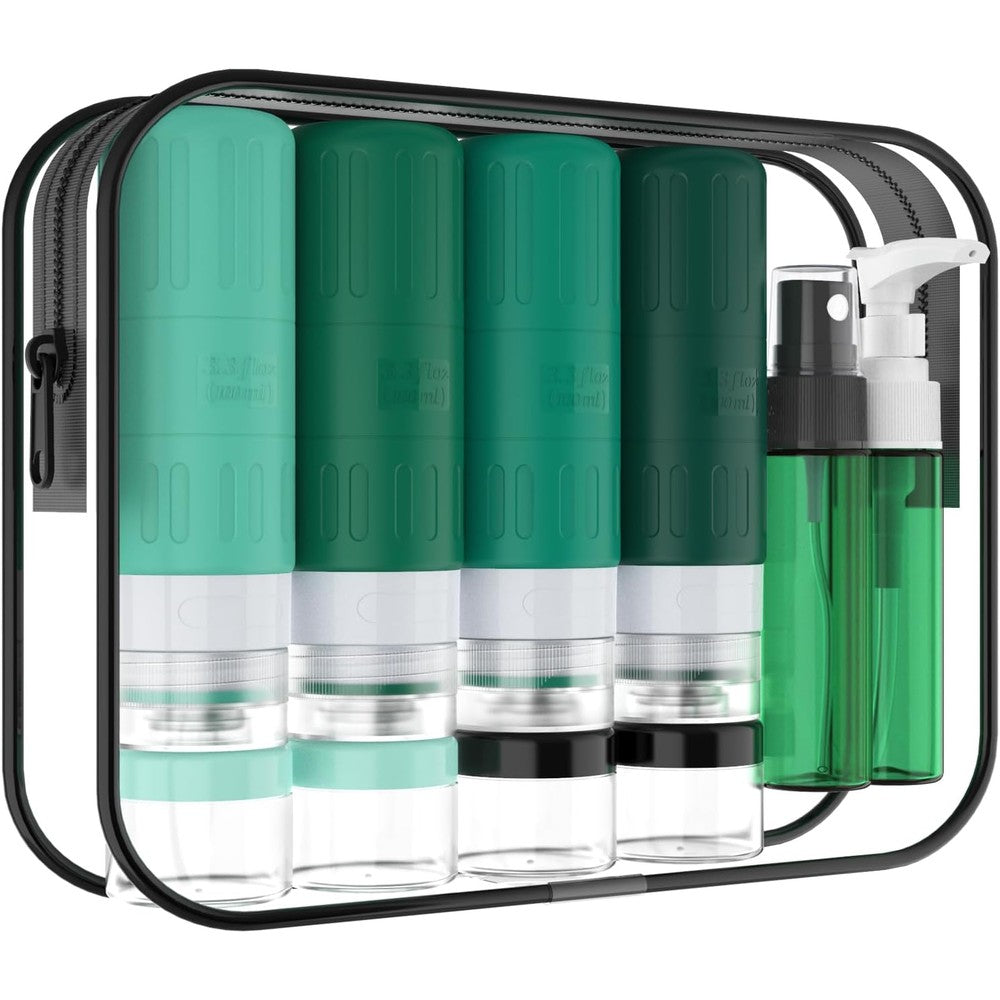 GLAMFIELDS travel bottles for toiletries front view of the eighteen piece green silicone container kit