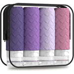 Silevoler silicone travel bottles for toiletries front view of four purple containers inside a clear zippered pouch