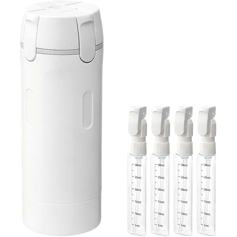 UIUSEA 4 in 1 travel dispenser white front view showing the compact cylindrical outer shell