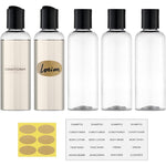 Owlyee travel bottles for toiletries front view showing 5 pack clear containers with black caps