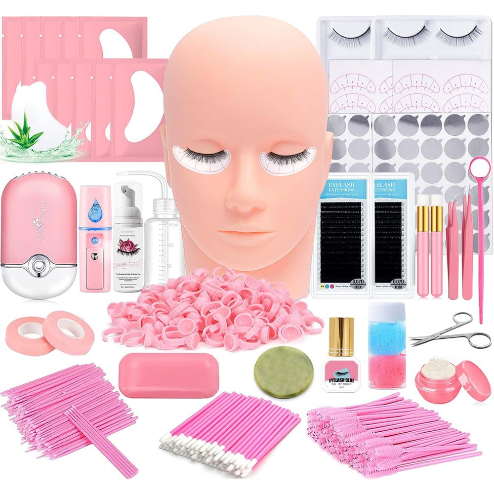 DNSGOOR lash extension kit professional training set front view displaying mannequin head and USB fan