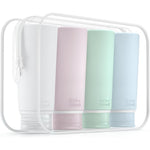 Valourgo Travel Bottles for Toiletries four pack front view inside clear zippered travel pouch.