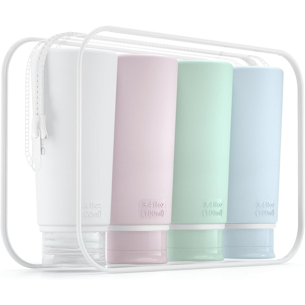 Valourgo Travel Bottles for Toiletries four pack front view inside clear zippered travel pouch.